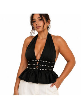 Women’s Ruffle Hem Sleeveless Halter Tank Top–MakeMeChic–Black–Size XL – NWOT